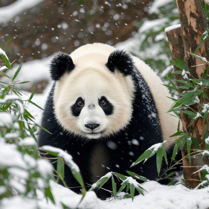 #Bing_Wallpaper可爱的熊猫宝宝置身于宁静的雪景中，周围环绕着积有薄雪的翠绿色竹叶