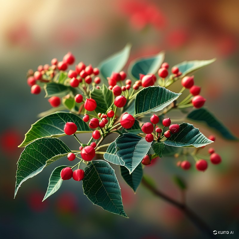 #Bing_Wallpaper"特写镜头下，一枝盛开的圣诞花被鲜红的苞片和小花蕾点缀