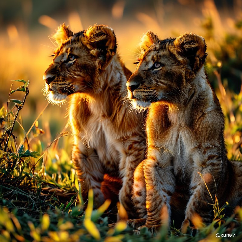 #Bing_Wallpaper日出时分，南非的两只小狮子坐在草地上，眺望远方