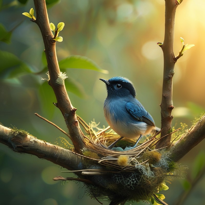 #Bing_Wallpaper“一个静谧温暖的场景，描绘了一只娇小的雌性黑枕王鹟正在两根纤细的树枝交叉处，专注地筑着她舒适的小巢