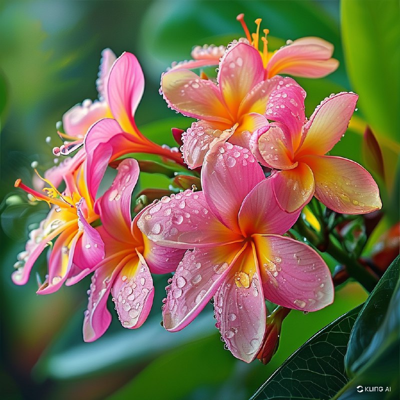 #Bing_Wallpaper"特写镜头展示鲜艳的粉红色和黄色鸡蛋花（缅栀花），花瓣上点缀着新鲜的露珠，在阳光下柔和地闪耀光芒