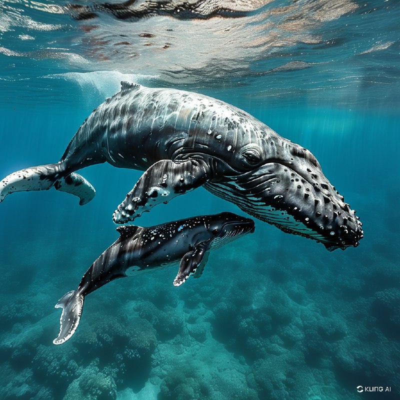 #Bing_Wallpaper在一幅超凡脱俗的水下场景中，一头庄严的座头鲸母亲与她活泼的小鲸鱼优雅地穿行于汤加附近清澈透亮的碧绿海水中