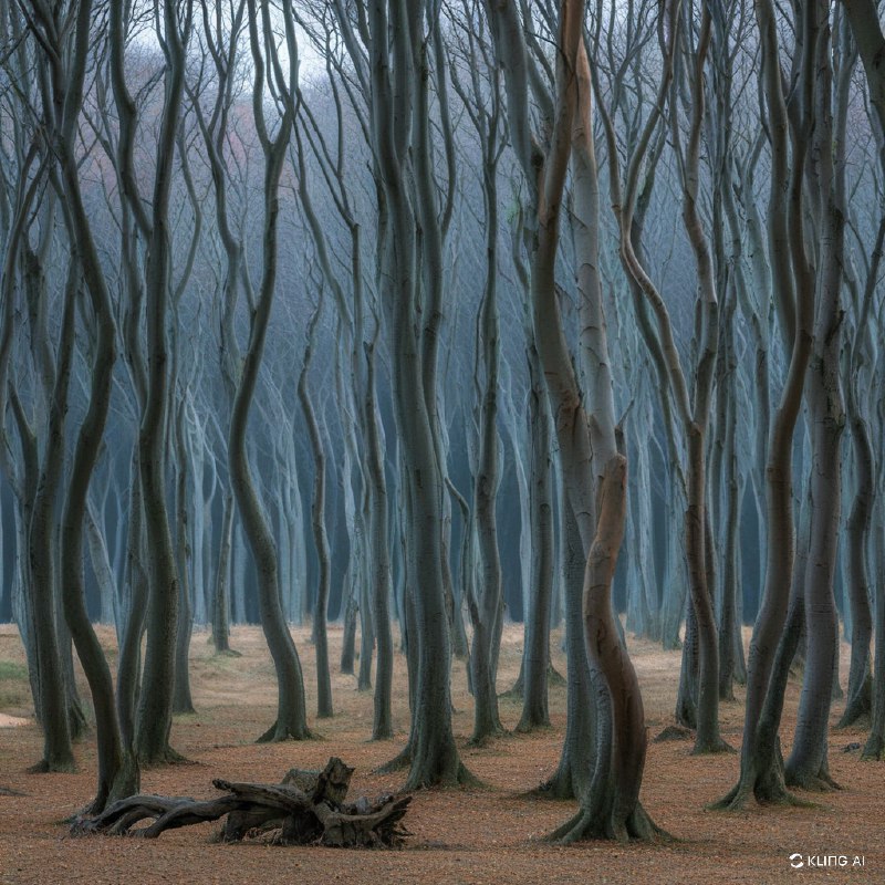 神秘的沿海森林，树木茂密、扭曲，灯光昏暗，气氛阴森恐怖，背景虚无缥缈，秋日的背景，光秃秃的树枝，宁静而神秘