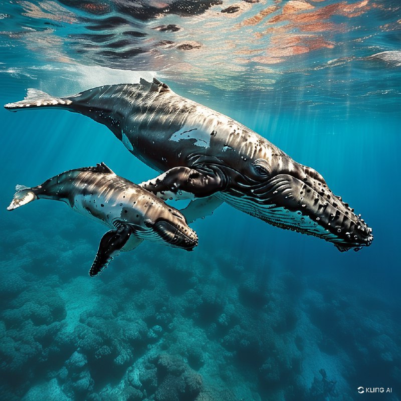 #Bing_Wallpaper在一幅超凡脱俗的水下场景中，一头庄严的座头鲸母亲与她活泼的小鲸鱼优雅地穿行于汤加附近清澈透亮的碧绿海水中