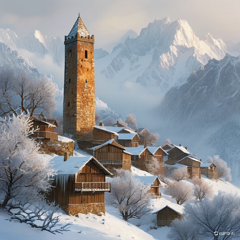 #Bing_Wallpaper“宁静的冬日景观捕捉了格鲁吉亚上斯瓦涅季梅斯蒂亚中世纪石塔的风采，覆盖着一层新雪