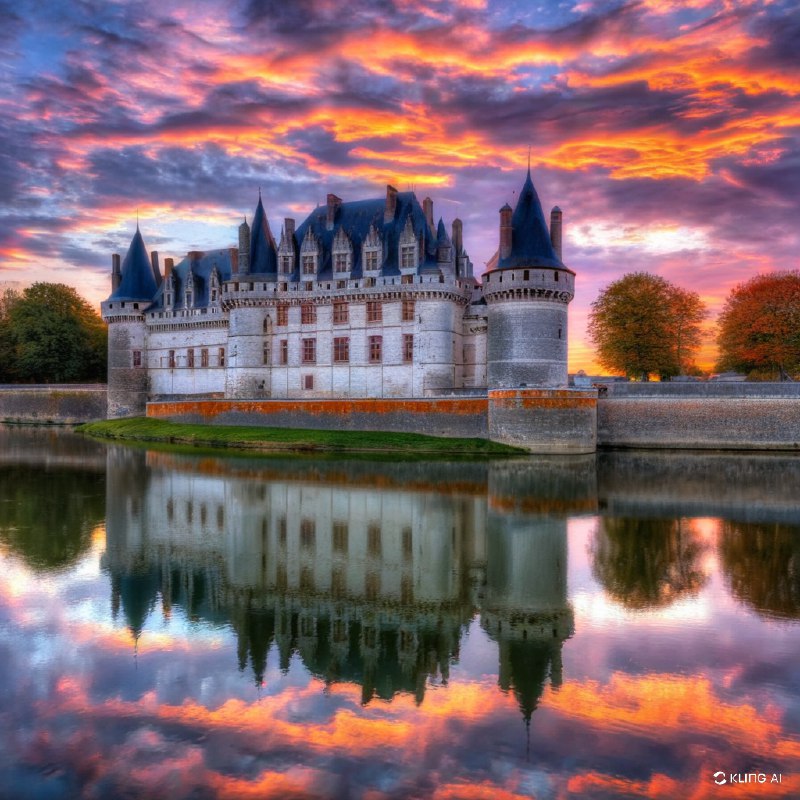 #Bing_Wallpaper一座雄伟的中世纪城堡庄严地矗立在卢瓦尔河静谧的河岸边，暮色中，它被宁静的水面环绕，水面倒映着城堡巍峨的石墙和高耸的圆锥形塔尖