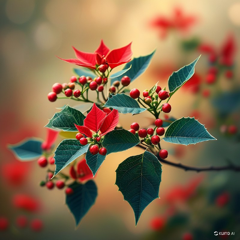 #Bing_Wallpaper"特写镜头下，一枝盛开的圣诞花被鲜红的苞片和小花蕾点缀