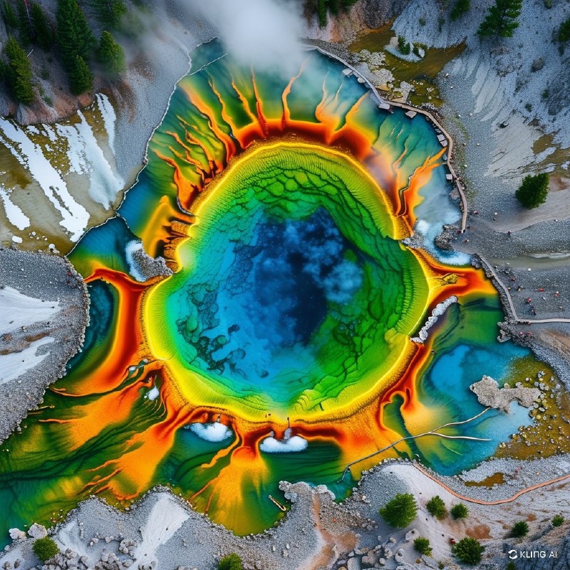 #Bing_Wallpaper密苏里州黄石国家公园的大棱镜泉空中美景，展示了其充满活力的地热之美