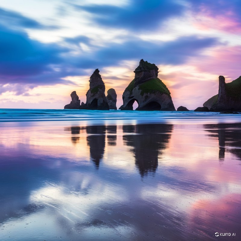 #Bing_Wallpaper新西兰瓦拉里基海滩壮丽的海岸景观，展示了从宁静的大海中冒出的高耸而饱经风霜的岩石地貌，其中一块岩石被时间雕刻出了一个天然的拱门