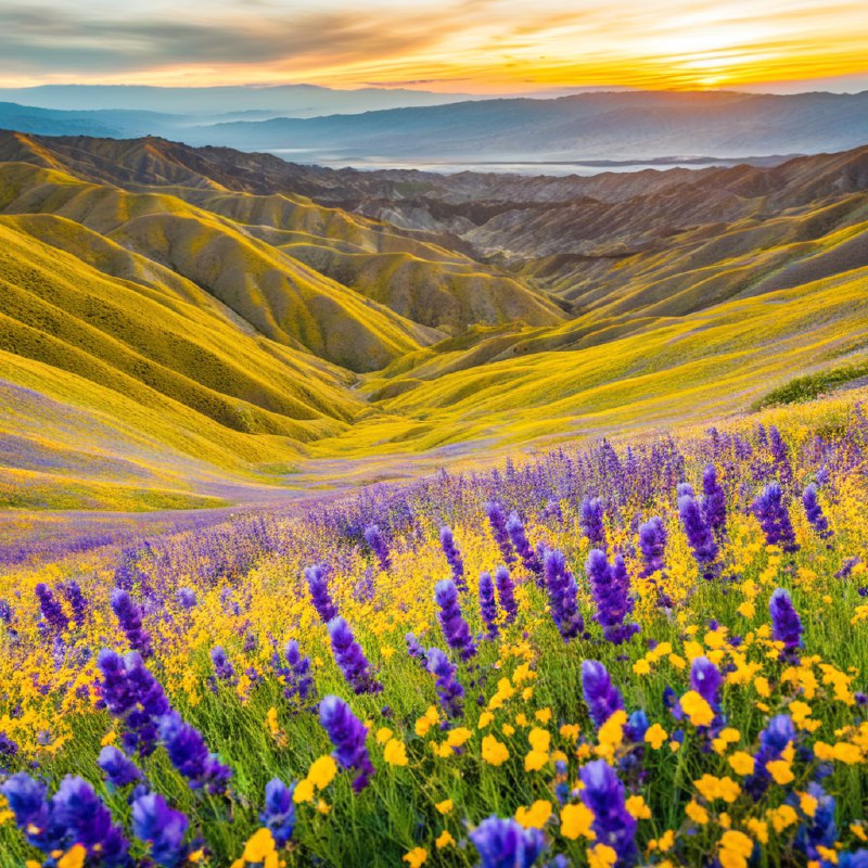 #Bing_Wallpaper“在美国加利福尼亚的卡里佐平原国家纪念碑上，罕见的超级花海盛开，绚丽的野花如海洋般覆盖了起伏的山丘