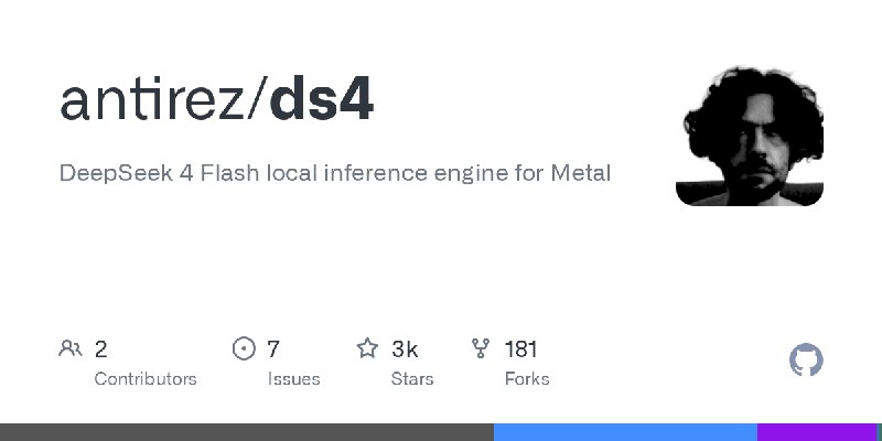 GitHub - antirez/ds4: DeepSeek 4 Flash local inference engine for Metal