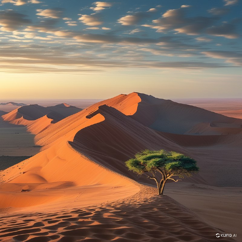 #Bing_Wallpaper纳米比亚纳米布沙漠中索苏斯维红沙丘那广袤而不断变幻的地平线，耸立的赤红与琥珀色沙丘在清晨的金色阳光中绽放光彩，长长的柔和阴影投射在地形起伏的沙面上