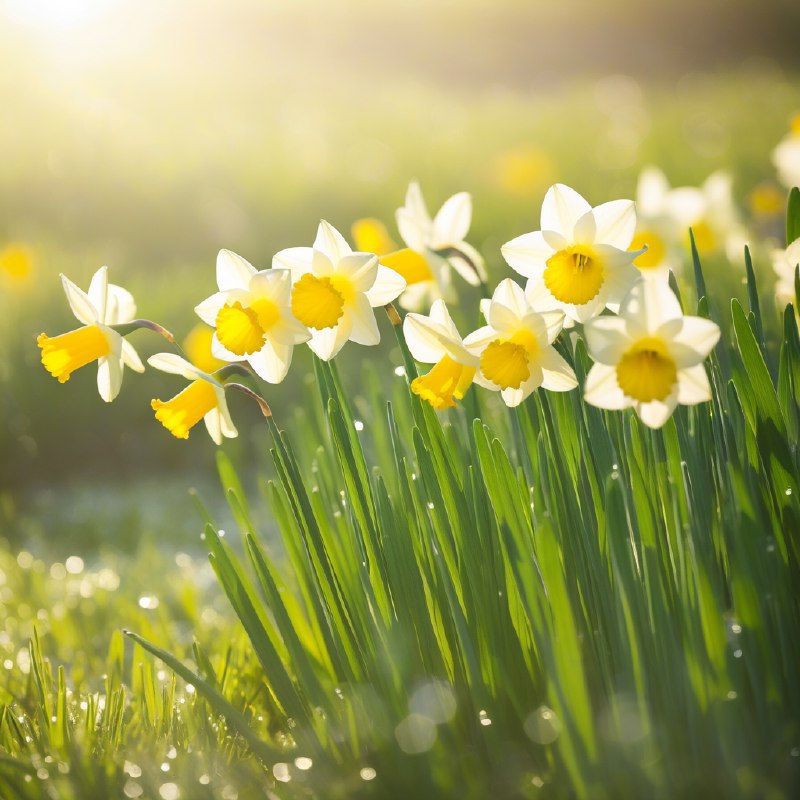 #Bing_Wallpaper一个迷人的春日清晨，沐浴在金色阳光中，娇嫩的水仙花优雅地盛开在鬱鬱葱葱的绿草间