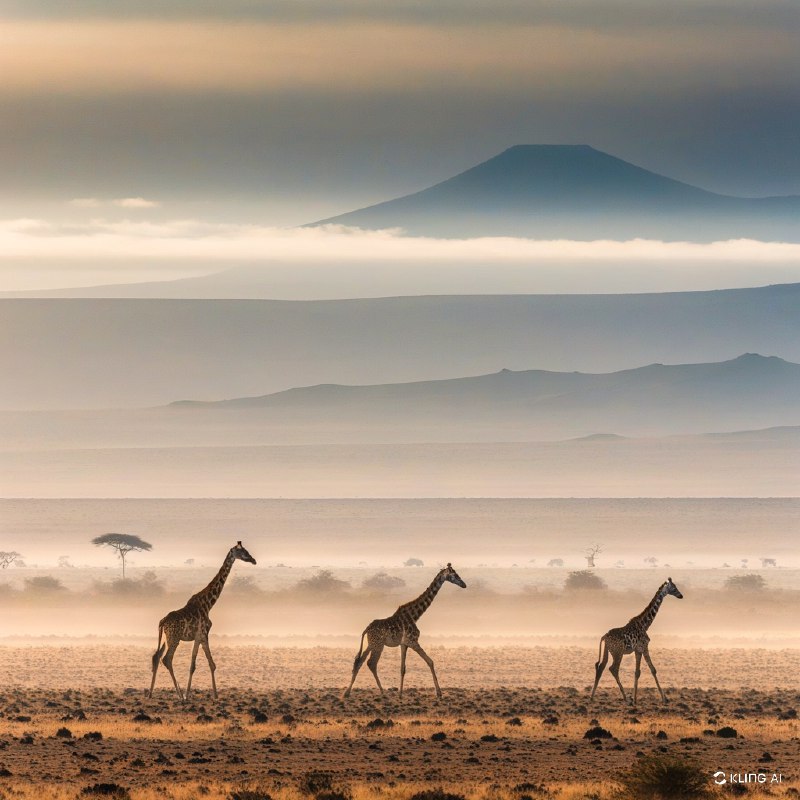 #Bing_WallpaperWide landscape of Amboseli National Park, Kenya, featuring a group of Maasai giraffes gracefully walking across the savannah. The scene is bathed in soft, golden light, highlighting the dry grass and sparse vegetation. In the background, misty hills stretch across a vast horizon under a dramatic, overcast sky. The image draws on a warm, earthy color palette with textures of grass and distant trees. Art style is realistic with intricate details, capturing the essence of the African wild and its majestic wildlife.肯尼亚安博塞利国家公园的辽阔景观，展现了一群优雅漫步于稀树草原的马赛长颈鹿
