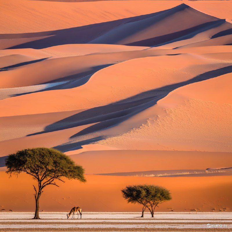 #Bing_Wallpaper纳米比亚纳米布沙漠中索苏斯维红沙丘那广袤而不断变幻的地平线，耸立的赤红与琥珀色沙丘在清晨的金色阳光中绽放光彩，长长的柔和阴影投射在地形起伏的沙面上