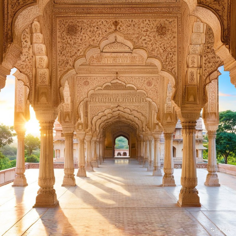 #Bing_Wallpaper精巧的建筑奇迹，位于印度拉贾斯坦邦琥珀堡的Sattais Katcheri，展示了宏伟的拱门，上面有精美的花卉和几何雕刻，坐落在优雅雕刻的柱子之间