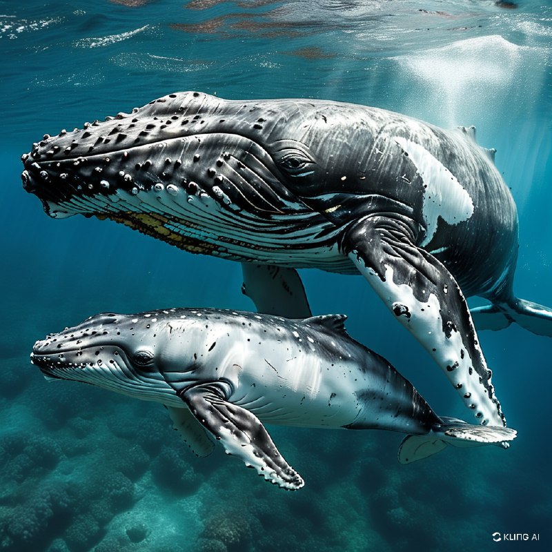 #Bing_Wallpaper在一幅超凡脱俗的水下场景中，一头庄严的座头鲸母亲与她活泼的小鲸鱼优雅地穿行于汤加附近清澈透亮的碧绿海水中