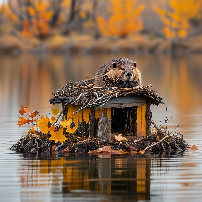 #Bing_Wallpaper“一个宁静的秋日景象，呈现出一只北美海狸静静地蹲坐在通过精心交织的树枝、细枝与泥土构筑的窝棚顶端，以怀俄明州莫兰的宁静湖泊为背景，湖面映射着季节性树叶带来的金橙色光辉