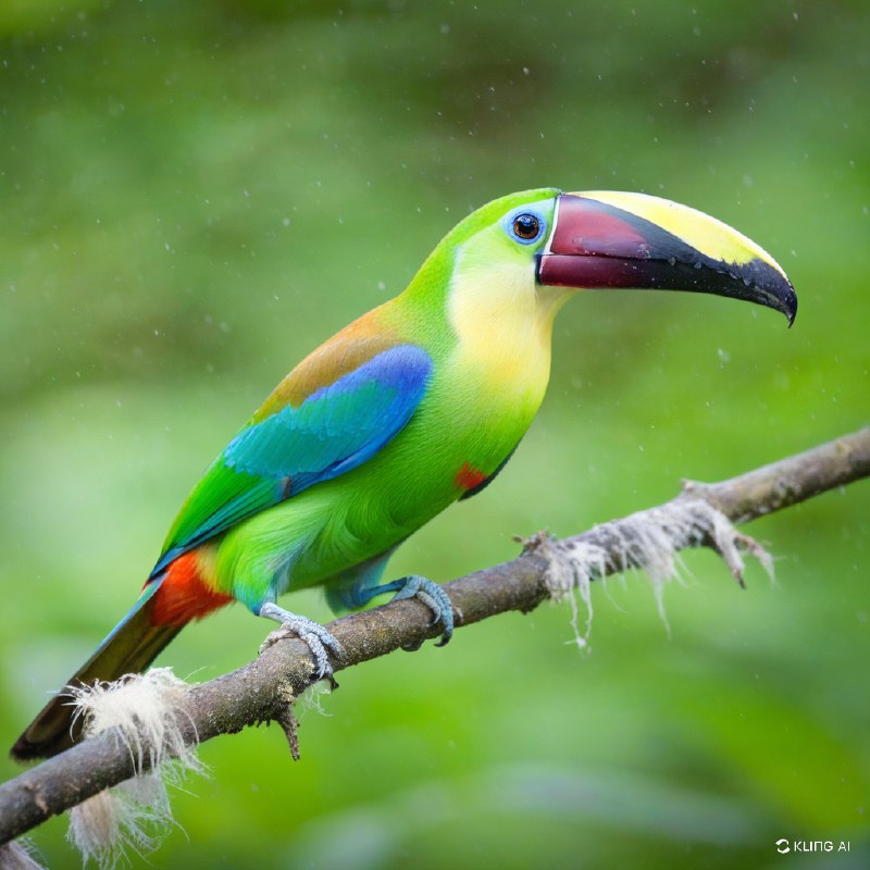一只生机勃勃的蓝喉巨嘴鸟栖息在树枝上，羽毛呈鲜艳的绿色和蓝色，喙呈醒目的黑白相间，背景是哥斯达黎加洛斯克萨莱斯国家公园郁郁葱葱的森林，光线柔和而模糊
