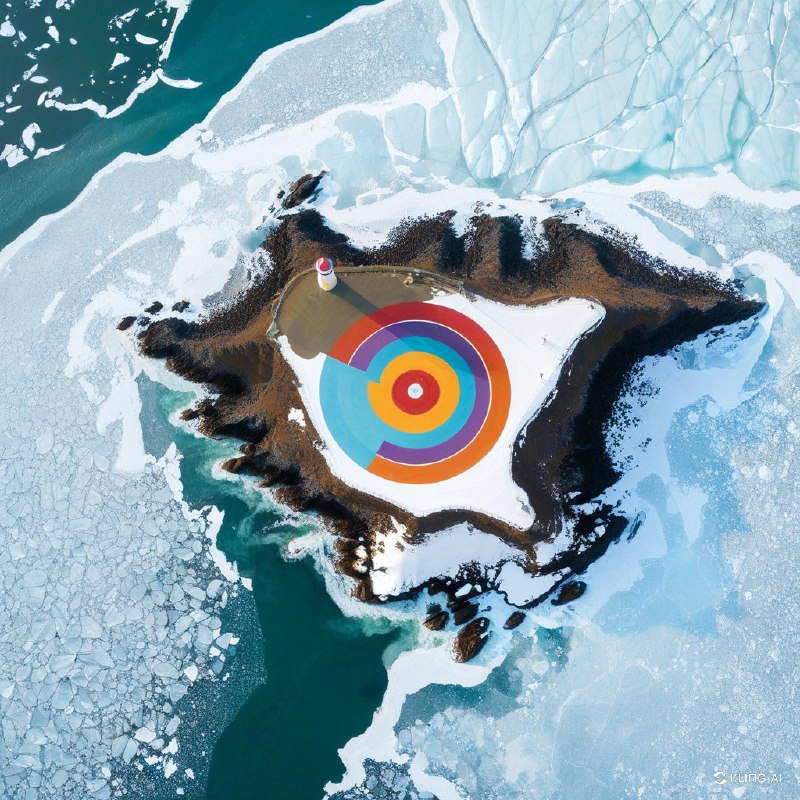 #Bing_Wallpaper俯瞰一幅奇幻场景，展示了悬崖峭壁上色彩斑斓的抽象风景，俯瞰着一片冰封的海面