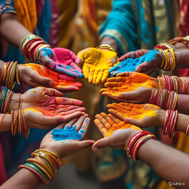 #Bing_Wallpaper在印度斋浦尔热烈庆祝的洒红节，色彩斑斓的粉末洒满双手和衣服，象征着欢乐与团结