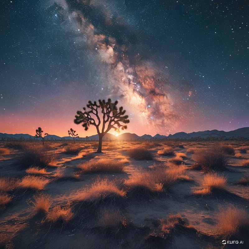 #Bing_Wallpaper在加利福尼亚荒野中，一片超凡脱俗的沙漠景观笼罩在迷人的银河光辉之下，天空中星辰繁密，色彩斑斓，弧形的银河壮丽地跨越在剪影般的约书亚树上方