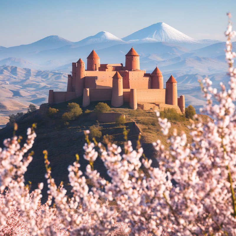 #Bing_Wallpaper“如梦似幻的西班牙城堡坐落在起伏的山丘之上，卡拉奥拉城堡由金红色的石材建成，在柔和的阳光下散发出温暖的光芒，周围是一片娇嫩盛开的粉白色樱花