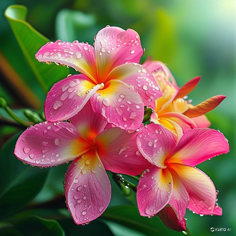 #Bing_Wallpaper"特写镜头展示鲜艳的粉红色和黄色鸡蛋花（缅栀花），花瓣上点缀着新鲜的露珠，在阳光下柔和地闪耀光芒