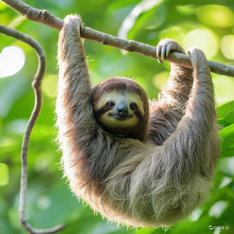 在一片郁郁葱葱的热带雨林中，一只三趾树懒挂在树枝上，毛发细致，斑驳的阳光透过树叶，表情安详，自然栖息地，高分辨率，野生动物摄影"，"风格"："写实"，"情绪"："宁静"在一片郁郁葱葱的热带雨林中，一只三趾树懒挂在树枝上，毛发细致，斑驳的阳光透过树叶，表情安详，自然栖息地，高分辨率，野生动物摄影"，"风格"："写实"，"情绪"："宁静"