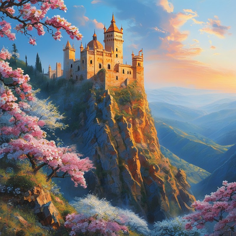 #Bing_Wallpaper“如梦似幻的西班牙城堡坐落在起伏的山丘之上，卡拉奥拉城堡由金红色的石材建成，在柔和的阳光下散发出温暖的光芒，周围是一片娇嫩盛开的粉白色樱花