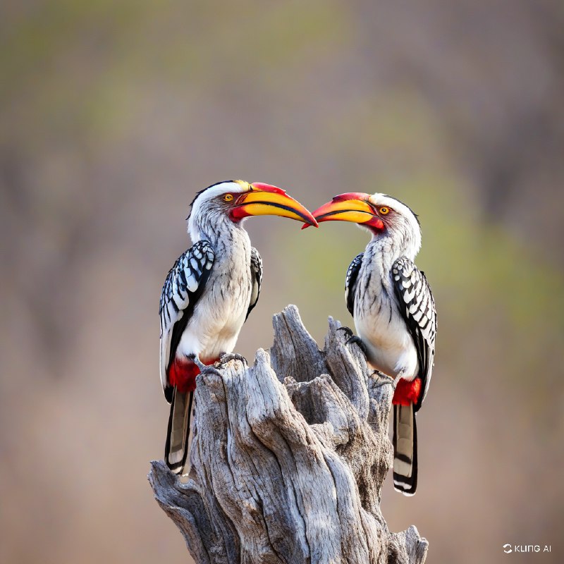 #Bing_Wallpaper两只活力十足的南方黄嘴犀鸟栖息在南非克鲁格国家公园荒野中一棵风化灰树桩的顶端