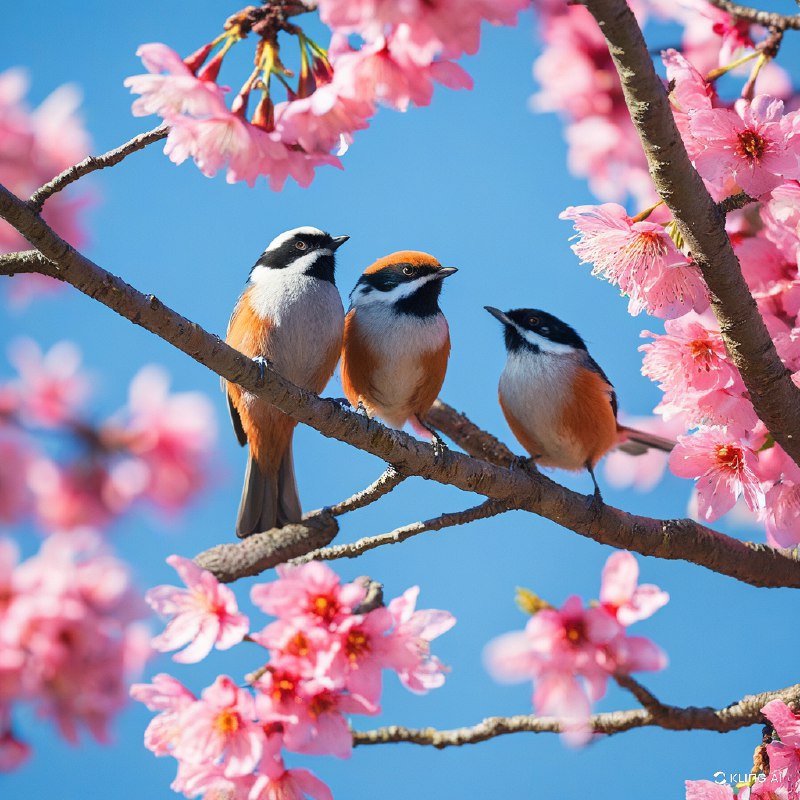 #Bing_Wallpaper两只活力十足的红头长尾山雀停在盛开的樱花树枝上，沐浴在清朗春日明媚的阳光中