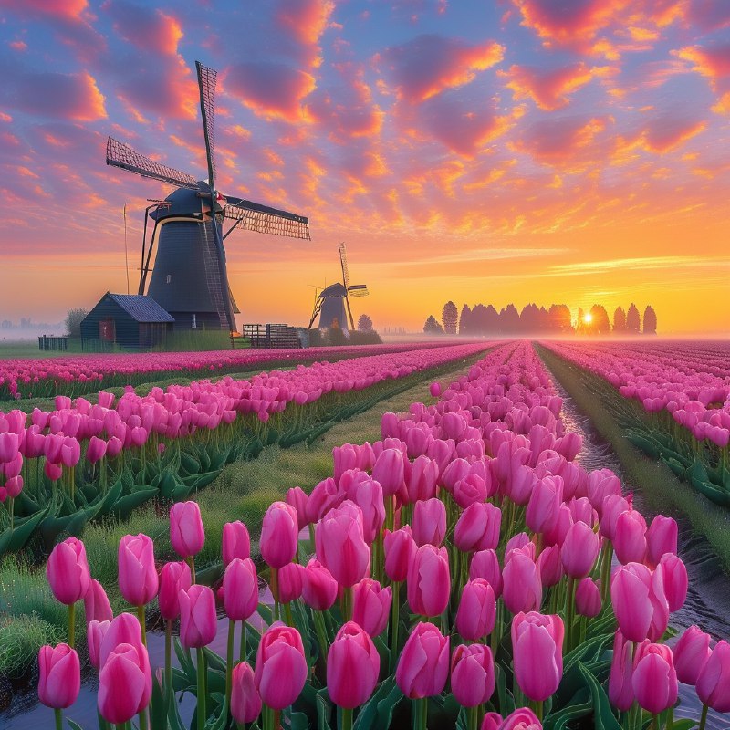 #Bing_Wallpaper“辽阔的田野上盛开着粉色和洋红色的郁金香，一望无际地延伸至地平线，在日出的晨曦下，天边呈现出绚烂多彩的光影——明亮的金黄与紫色交织在柔和的晨雾中