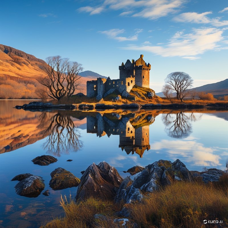 #Bing_Wallpaper古老的苏格兰城堡倒映在内斯湖平静的湖水中，座落于阿盖尔-比特郡境内