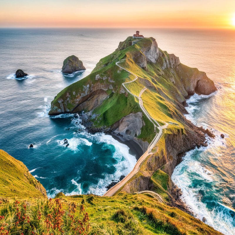 #Bing_Wallpaper在西班牙巴斯克地区，日落时分的加斯特卢加特谢岛展现出令人叹为观止的景色