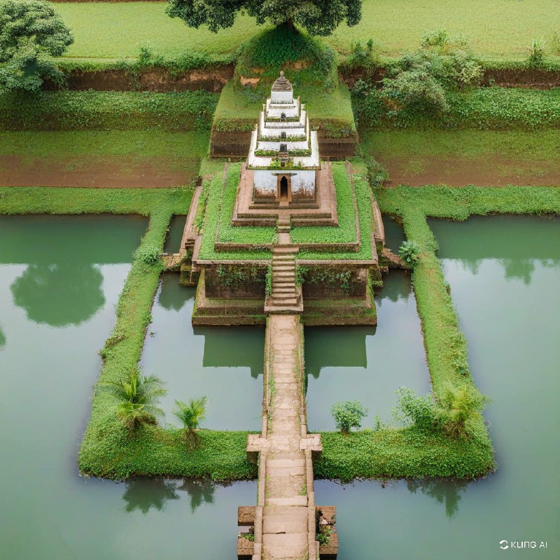 #Bing_Wallpaper“从空中俯瞰宁静的印度卡纳塔克邦霍恩马拉杜附近的 Champaka Sarasi 池塘，一片郁郁葱葱的绿意环绕着池塘，古老的石阶层层跌落至水中