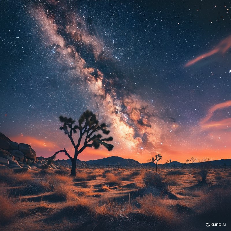 #Bing_Wallpaper在加利福尼亚荒野中，一片超凡脱俗的沙漠景观笼罩在迷人的银河光辉之下，天空中星辰繁密，色彩斑斓，弧形的银河壮丽地跨越在剪影般的约书亚树上方