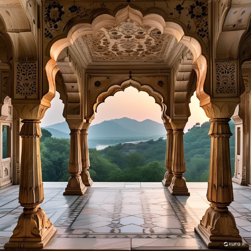 #Bing_Wallpaper精巧的建筑奇迹，位于印度拉贾斯坦邦琥珀堡的Sattais Katcheri，展示了宏伟的拱门，上面有精美的花卉和几何雕刻，坐落在优雅雕刻的柱子之间