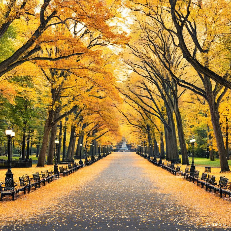 秋天的中央公园，绿树成荫，小径上铺满了金黄的落叶，两旁的长椅上坐满了人，气氛宁静而温馨