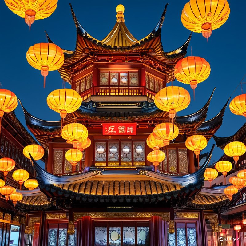 #Bing_Wallpaper上海豫园元宵灯会期间充满活力且喜庆的场景，背景是一片清朗的夜空