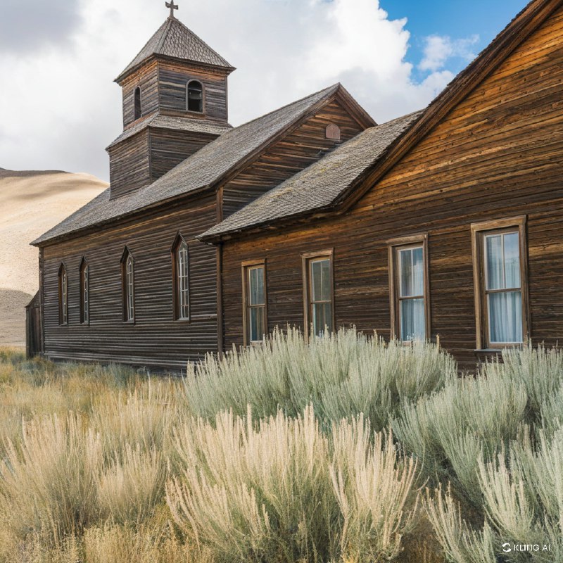 美国加利福尼亚州莫诺县博迪州立历史公园，一座历史悠久的鬼城，古老的木质建筑，杂草丛生，晴空万里