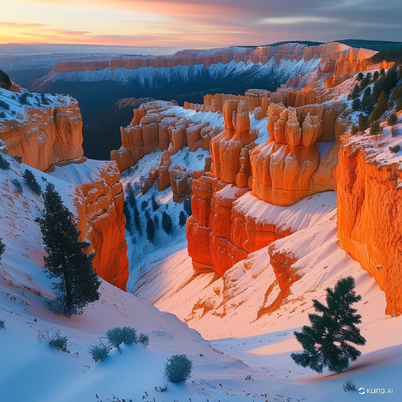 #Bing_Wallpaper雄伟的砂岩岩柱在犹他州布莱斯峡谷国家公园的洁白雪床上戏剧性地矗立，橙红色与火红色的石柱在日出或日落时的柔光下散发着金色的光辉