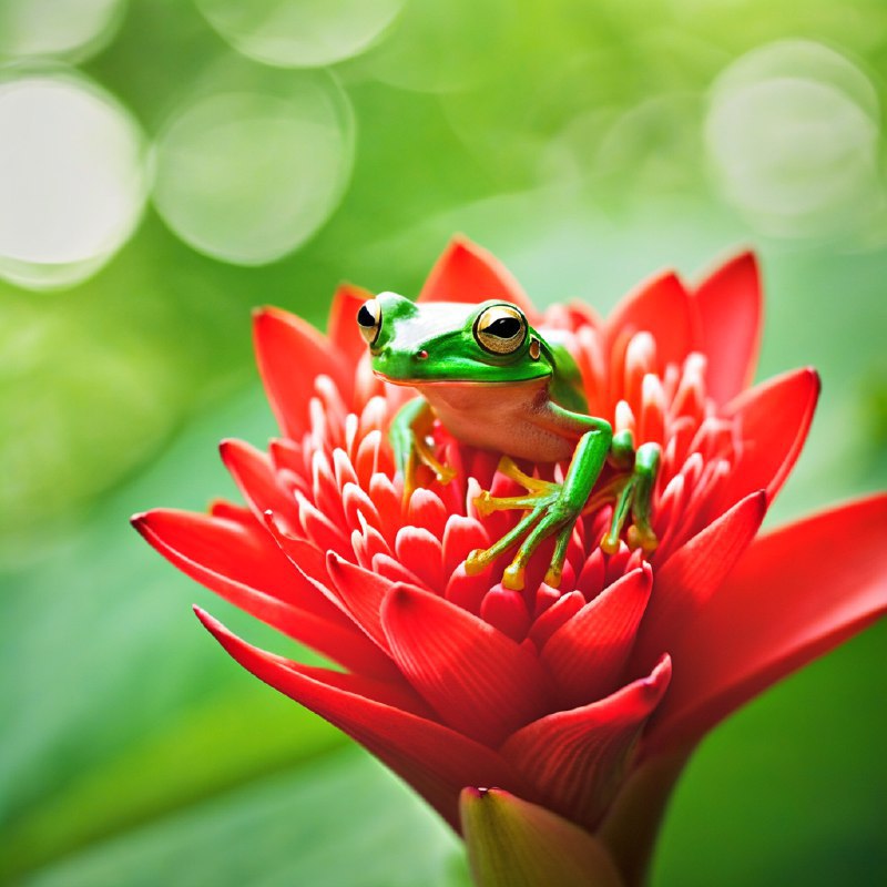 #Bing_Wallpaper一只充满活力的哥斯达黎加树蛙栖息在一朵鲜艳的红色螺旋姜花上，它那鲜亮的绿色身体和炯炯有神的金色眼睛散发着生机勃勃的光彩