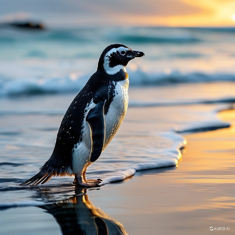 #Bing_Wallpaper“麦哲伦企鹅仿佛穿着天然的黑白‘燕尾服’，优雅地沿着福克兰群岛志愿者点那条闪闪发光、沐浴在金色晨光中的海岸线踱步