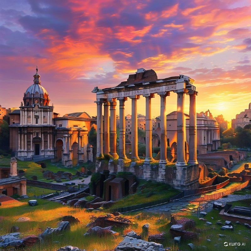 #Bing_Wallpaper“雄伟的罗马广场在日落时分展现出壮丽景象，宏伟的农神庙被古老的遗迹环绕，沐浴在温暖的金色和琥珀色光芒中