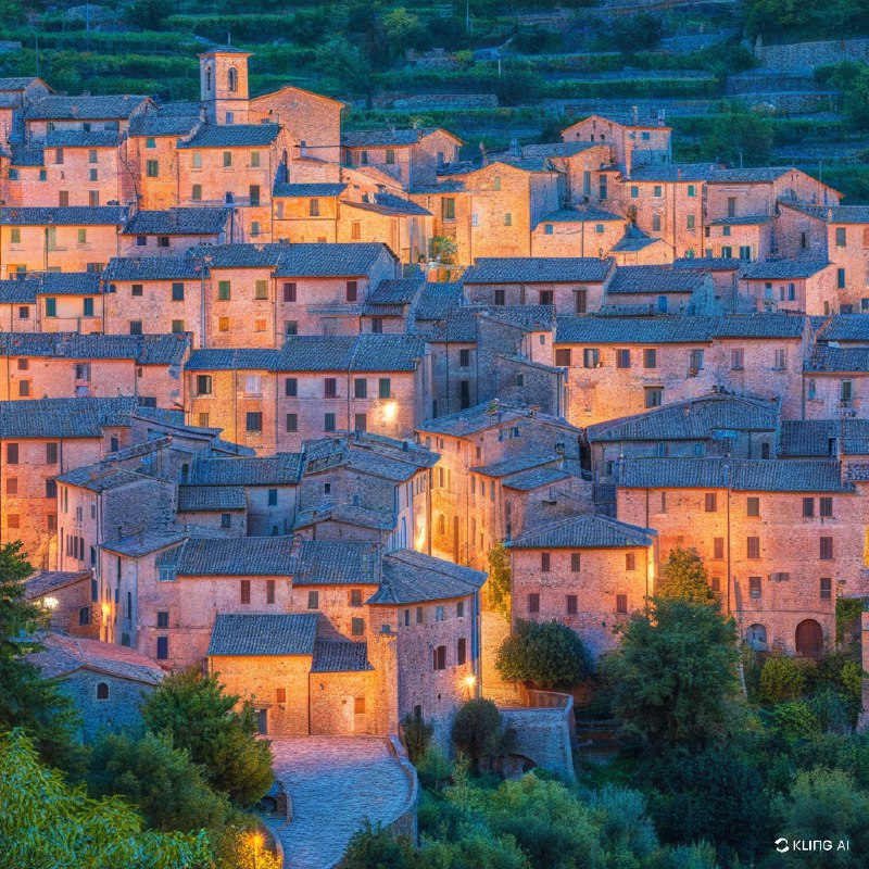 一个风景如画的意大利村庄坐落在山谷中，石头建筑充满乡村韵味，温暖的晚间灯光照亮了整个场景，鹅卵石小路蜿蜒穿过家家户户，周围是郁郁葱葱的绿色植物，宁静而富有历史气息，黄昏的天空