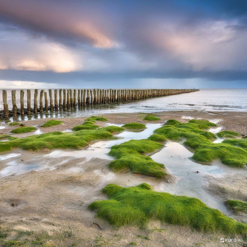这是一幅宁静的风景画，展现了广阔的海岸风光