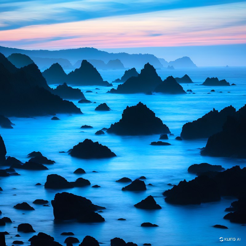 #Bing_WallpaperA mesmerizing coastal scene at twilight in Sonoma Coast State Park, California. The rugged shoreline is adorned with jagged, dark rock formations emerging from the serene ocean, creating a dramatic silhouette against the soft glow of dusk. The sky is a canvas of gentle blues and purples, with wisps of clouds painted in subtle shades of peach and pink, hinting at the day's end. The ocean is calm yet vibrant, with a misty haze enveloping the scene, adding depth and mystery. The overall composition captures the tranquil yet majestic essence of the tidal landscape, evoking a sense of peace and wonder. The image is rich in color and texture, embodying an impressionistic, almost ethereal style that highlights the natural beauty and dynamic interplay of light and shadow.加州索诺马海岸州立公园黄昏时分迷人的海岸景象