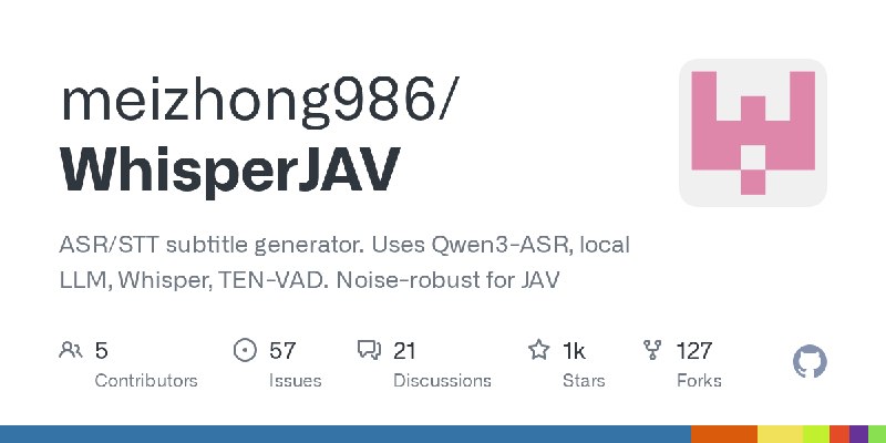 GitHub - meizhong986/WhisperJAV: ASR/STT subtitle generator. Uses Qwen3-ASR, local LLM, Whisper, TEN-VAD. Noise-robust for JAV