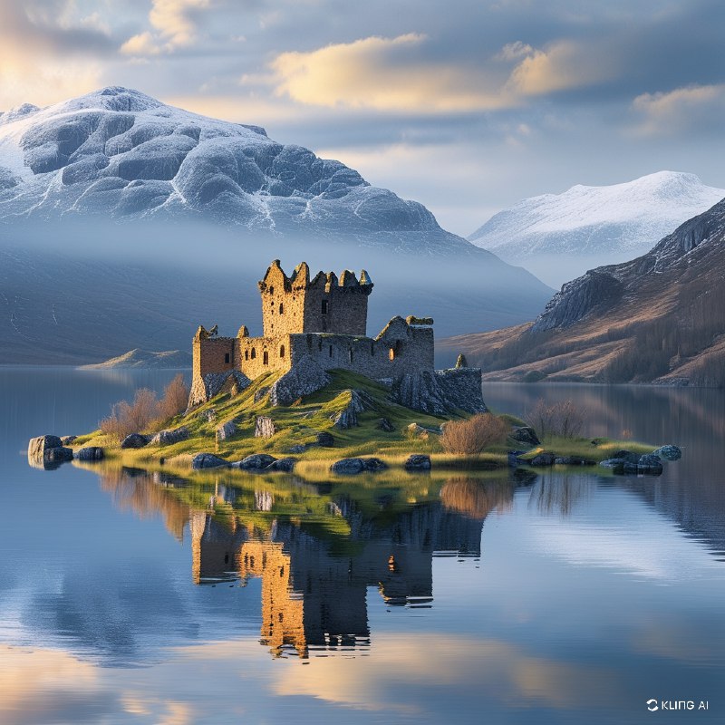 #Bing_Wallpaper“一座孤独的中世纪石堡静静矗立在洛奇湖宁静水域中央的一座小草地岛屿上，周围环绕着苏格兰高地飘渺的自然美景
